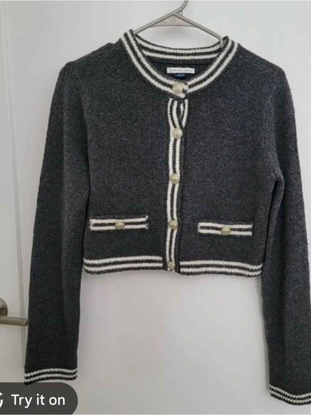 American Eagle Outfitters Charcoal Knit Cardigan with Ivory Trim